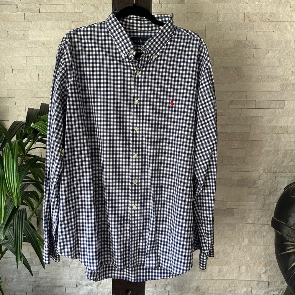 RALPH LAUREN Navy Blue White Check Cotton Poplin Long Sleeve Button Down XXL